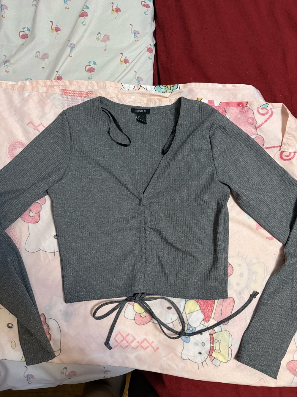 Forever 21 Grey Ribbed Drawstring V-Neck Long Sleeve Top